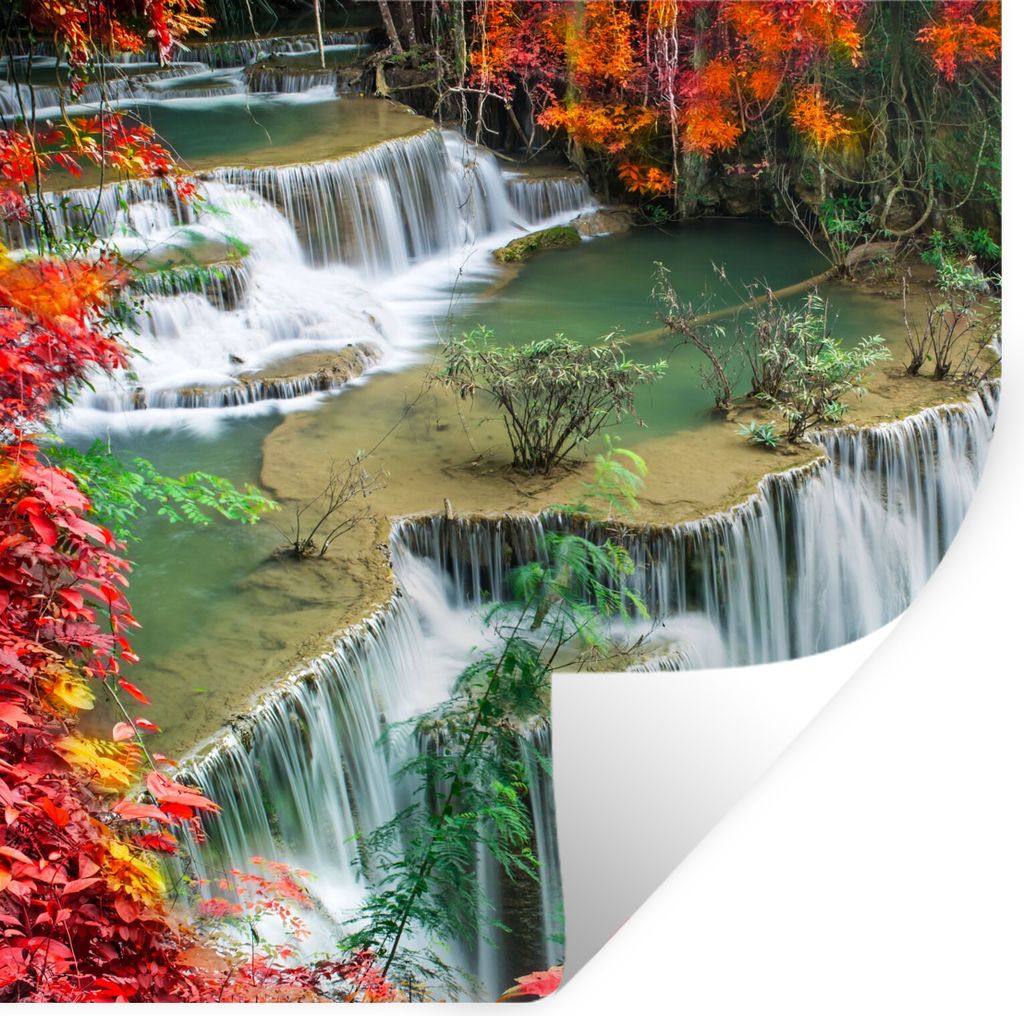 MuchoWow Wandtattoo Wandsticker Wandaufkleber Bäume - Wasserfall - Herbst - Natur 80x80 cm Selbstklebend und Repositionierbar - Wierderverwendba...