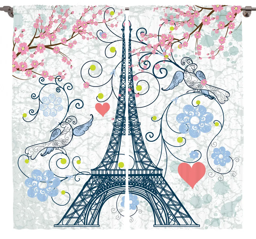 Grand Rideau Chambre 280x225 cm Paris Floral Bleu Corail Fronces