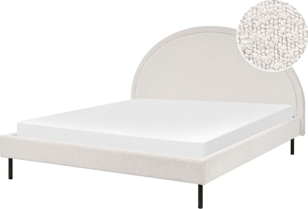 BELIANI Bett Weiß Bouclé Gepolstert Lattenrost 160 x 200 cm Hohes Rundes Kopfteil Retro Schlafzimmer Möbel Ausstattung