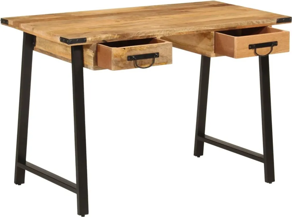 Bureau Télétravail Compact 105x55 cm Bois de Manguier et Fer avec Tiroirs