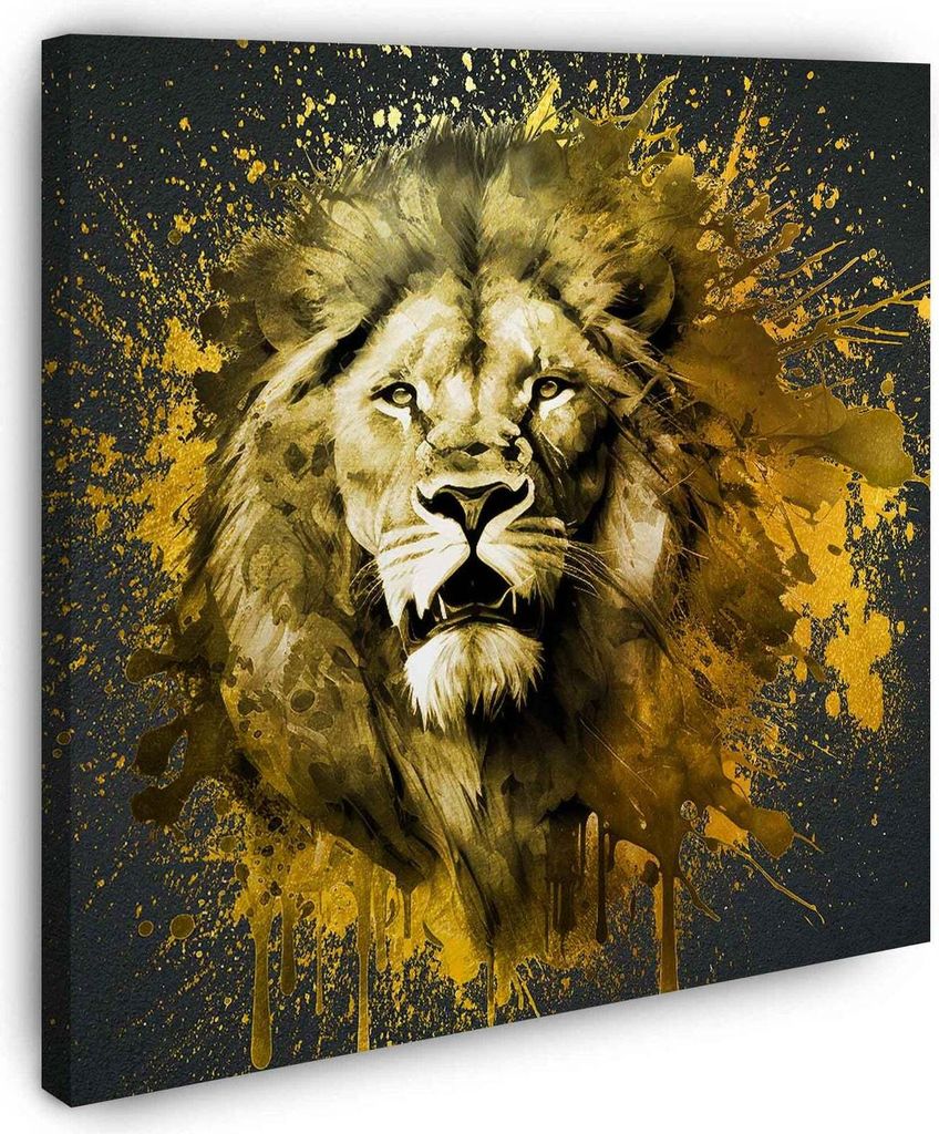 Leinwandbild Wandbild Gold Löwe Pop Art Kunstdruck XXL Wanddeko: 80x80x2cm