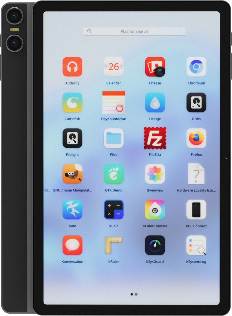 A tablet displaying a grid of application icons, with a search bar at the top.
