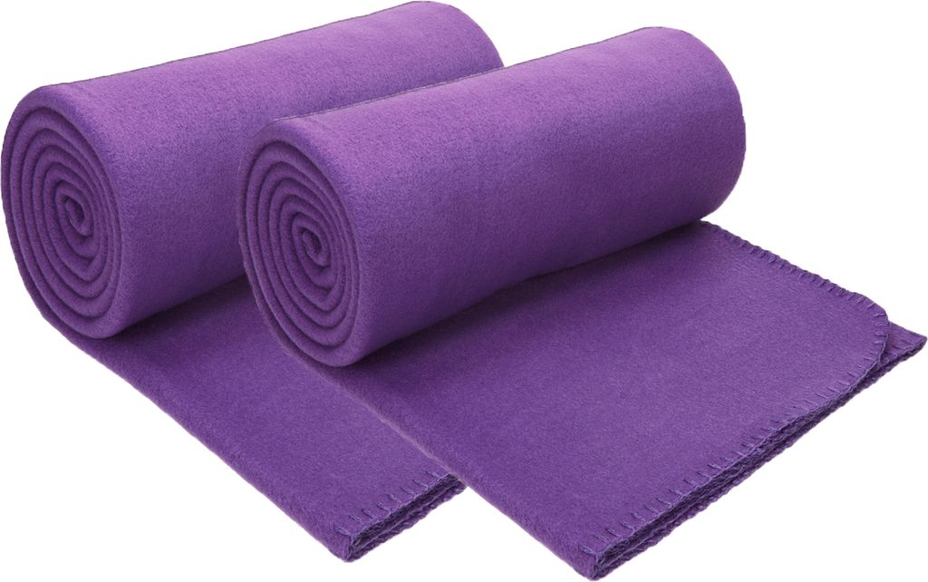 Two rolled-up purple fleece blankets are shown on a white background.