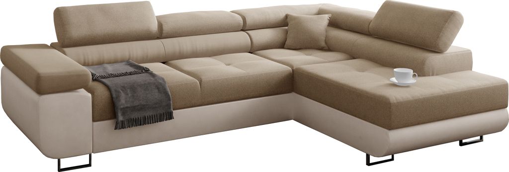Ecksofa mit schlaffunktion und bettkasten, Sofa L-form, Couch L-form Webstoff INARI 24 + CREM-EKO, Ottomane Rechts