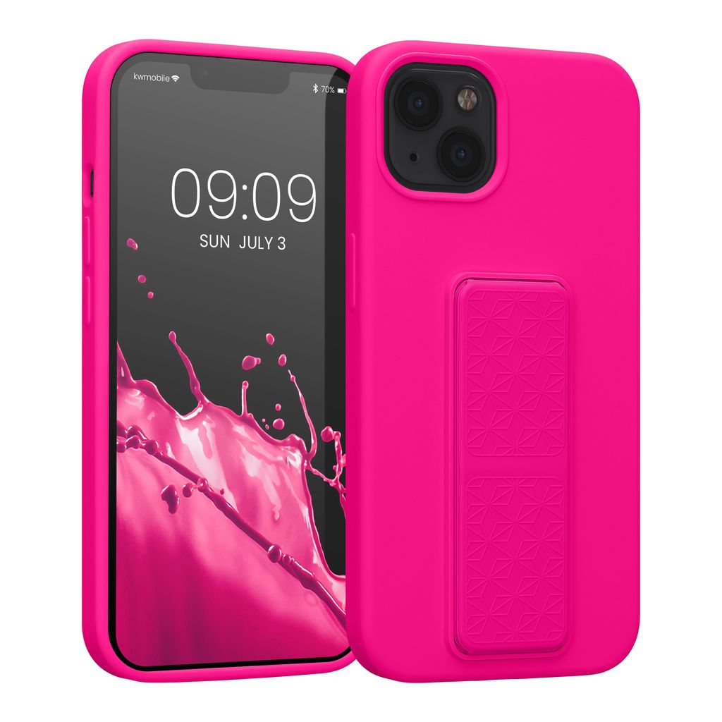 kwmobile Handyhülle kompatibel mit Apple iPhone 13 - Hülle mit Fingerhalter und Standfunktion - Silikon Case Handy Cover in Neon Pink