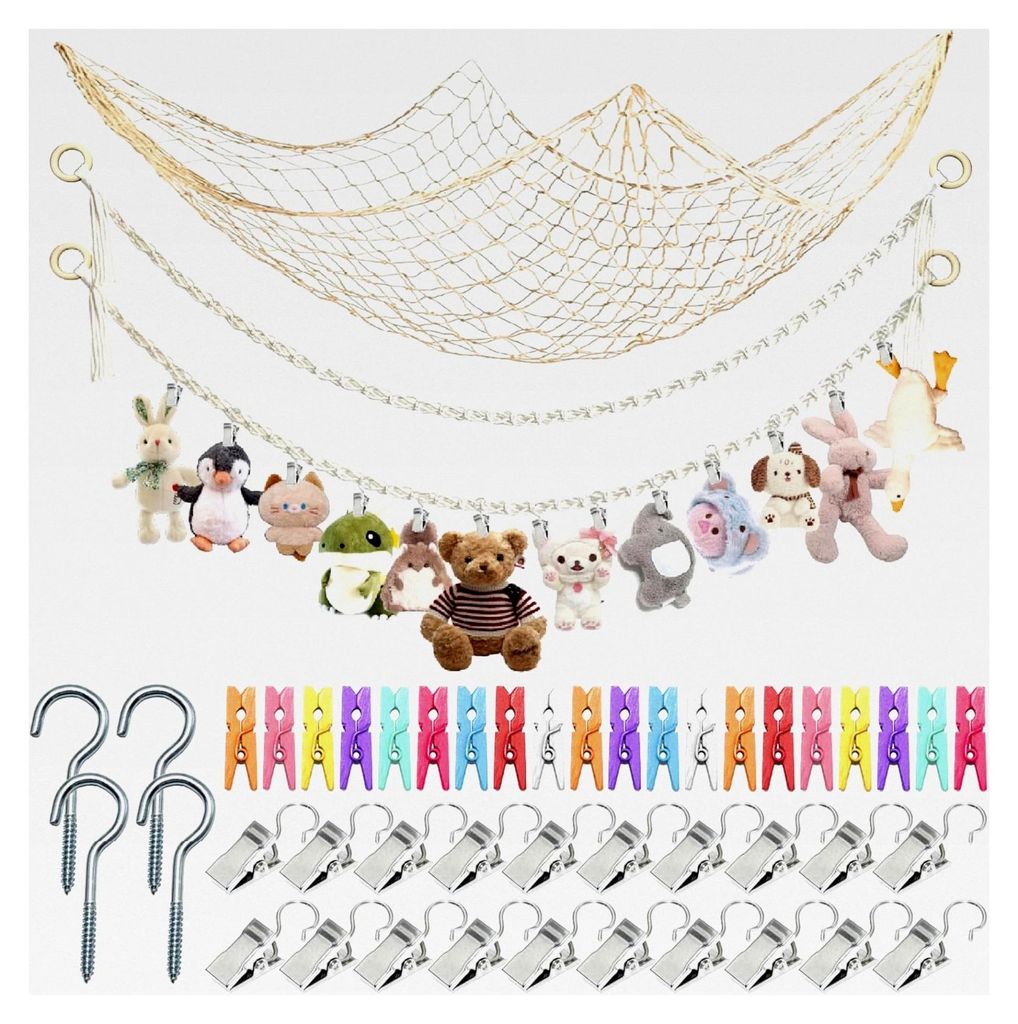 2 Stück Aufbewahrungsnetz für Kuscheltiere, Boho Makramee Hängematte mit 40 Clips, 2M Hängender Halter für Plüschtiere und Teddybären