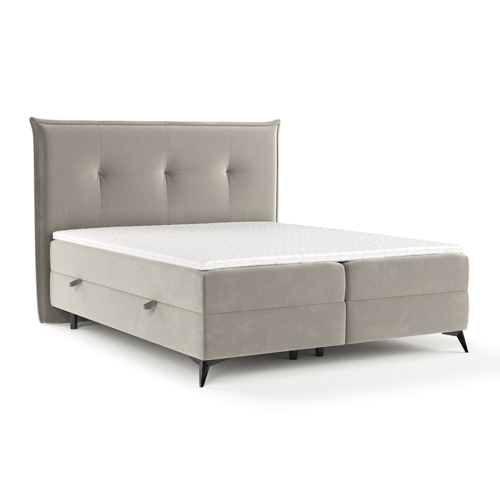 Boxspringbett Livia Interiors Calary, Bett 160x200 cm, mit Bettkästen, Doppelbett, H2 Bonell - Matratze und Topper, Samtstoff Riviera Grau Beige F...