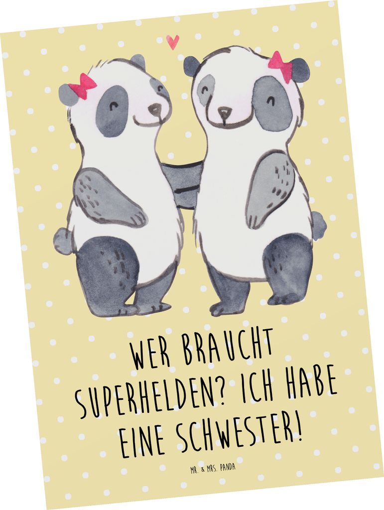 Mr. & Mrs. Panda Postkarte Liebe Schwester - Gelb Pastell - Geschenk, Familienmitglieder, Weihnachten, Postkarten, Fotokarte, Zusammenhalt, Unterst...