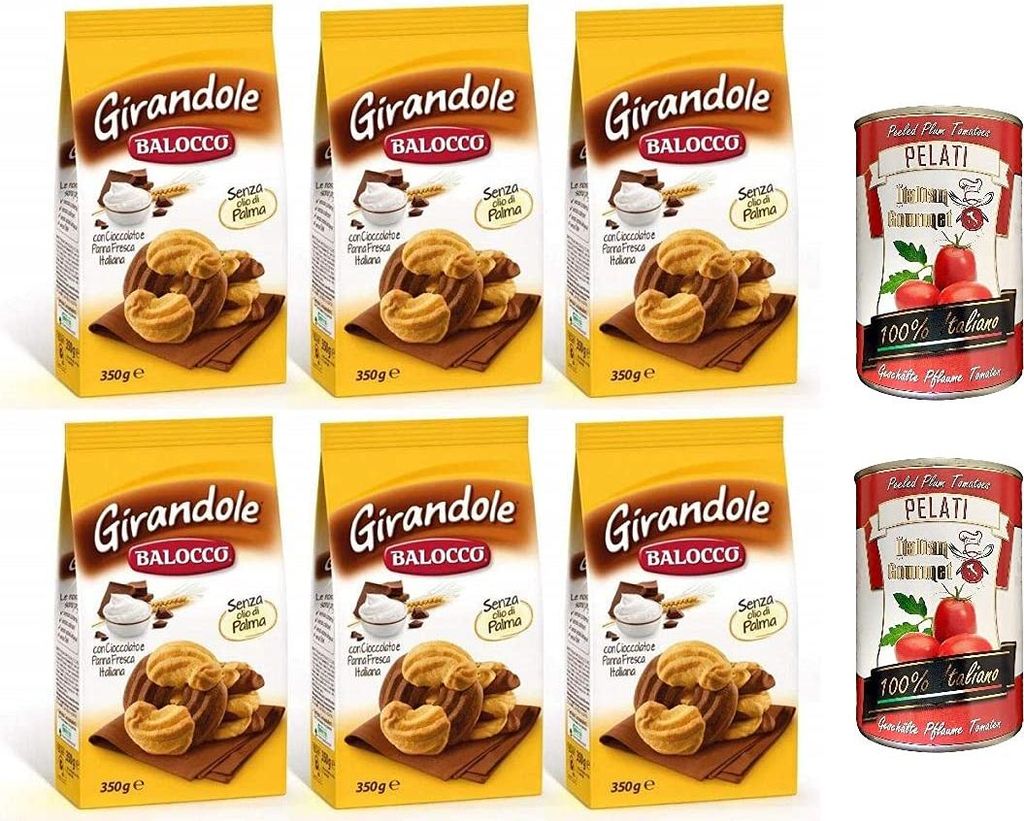 6x Balocco Girandole kekse mit Schokolade und Sahne 700g biscuits cookies + Italian Gourmet 100% italienische geschälte Tomaten dosen 2x 400g