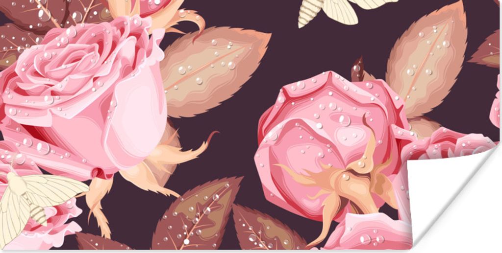 MuchoWow Poster Rosen - Wassertropfen - Insekten 40x20 cm - Poster für die Wand - Poster Schlafzimmer