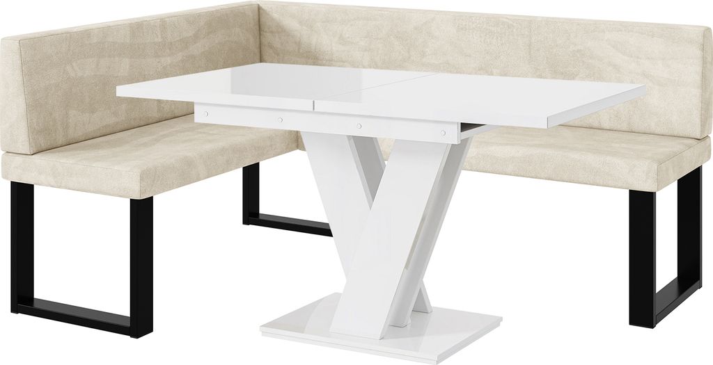 MEBLINI Eckbank für Esszimmer mit ausziehbarem Tisch - Küchenbank - Essecke - Sitzecke Küche - TONI - U-Beine 128x168x87cm Links - Creme Samt/M ...