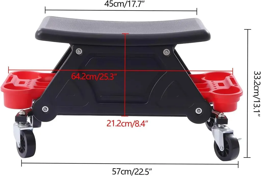 Tabouret mécanicien anti-fatigue à roulettes, structure fer solide rouge