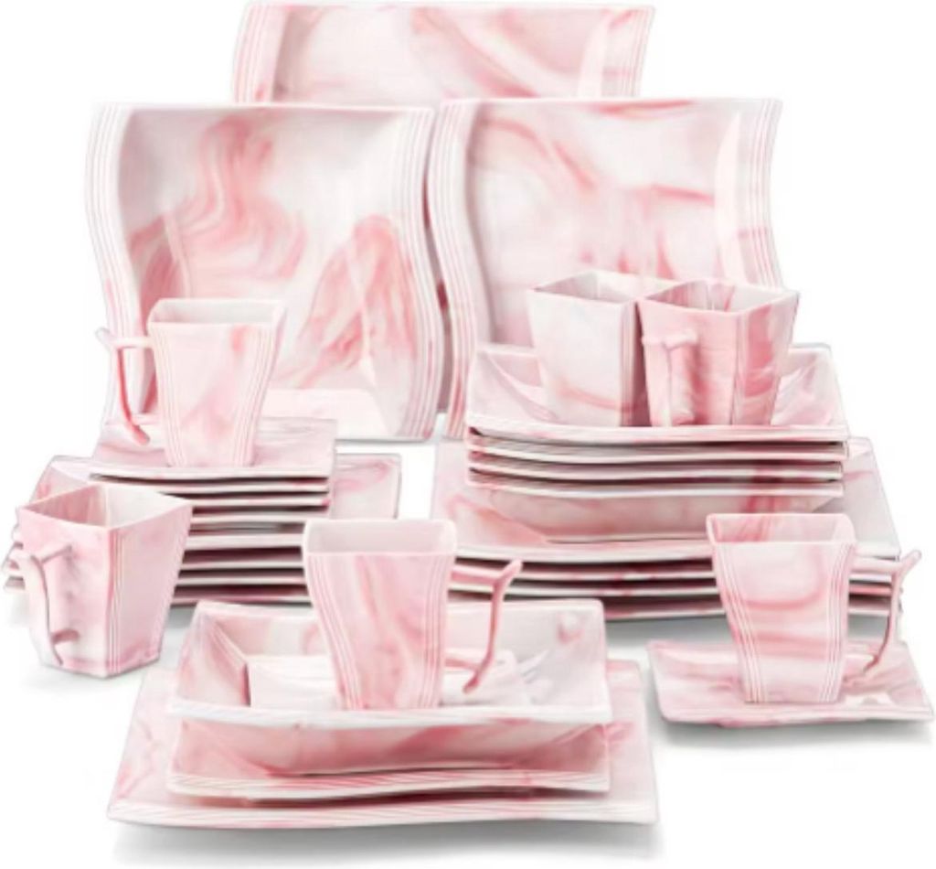 Crystal Serviesset – Tafelservice – Rosa – 12 Personen – 60-teilig – Keramisch – Frühstücksteller – Für den Backofen geeignet