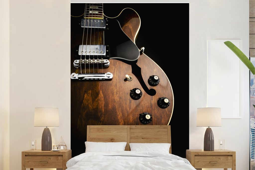 MuchoWow Fototapete für Wohnzimmer oder Schlafzimmer Wandtapete Vinyl Motivtapete Eine E-Gitarre aus Holz - 200x300 cm - Wanddekorationen
