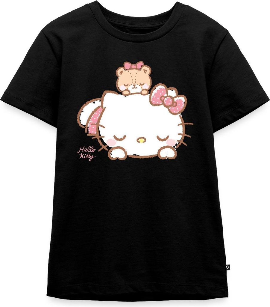 Spreadshirt Hello Kitty Mit Teddy Auf Dem Rücken Teenager Premium T-Shirt, 146/152 (10 Jahre), Schwarz