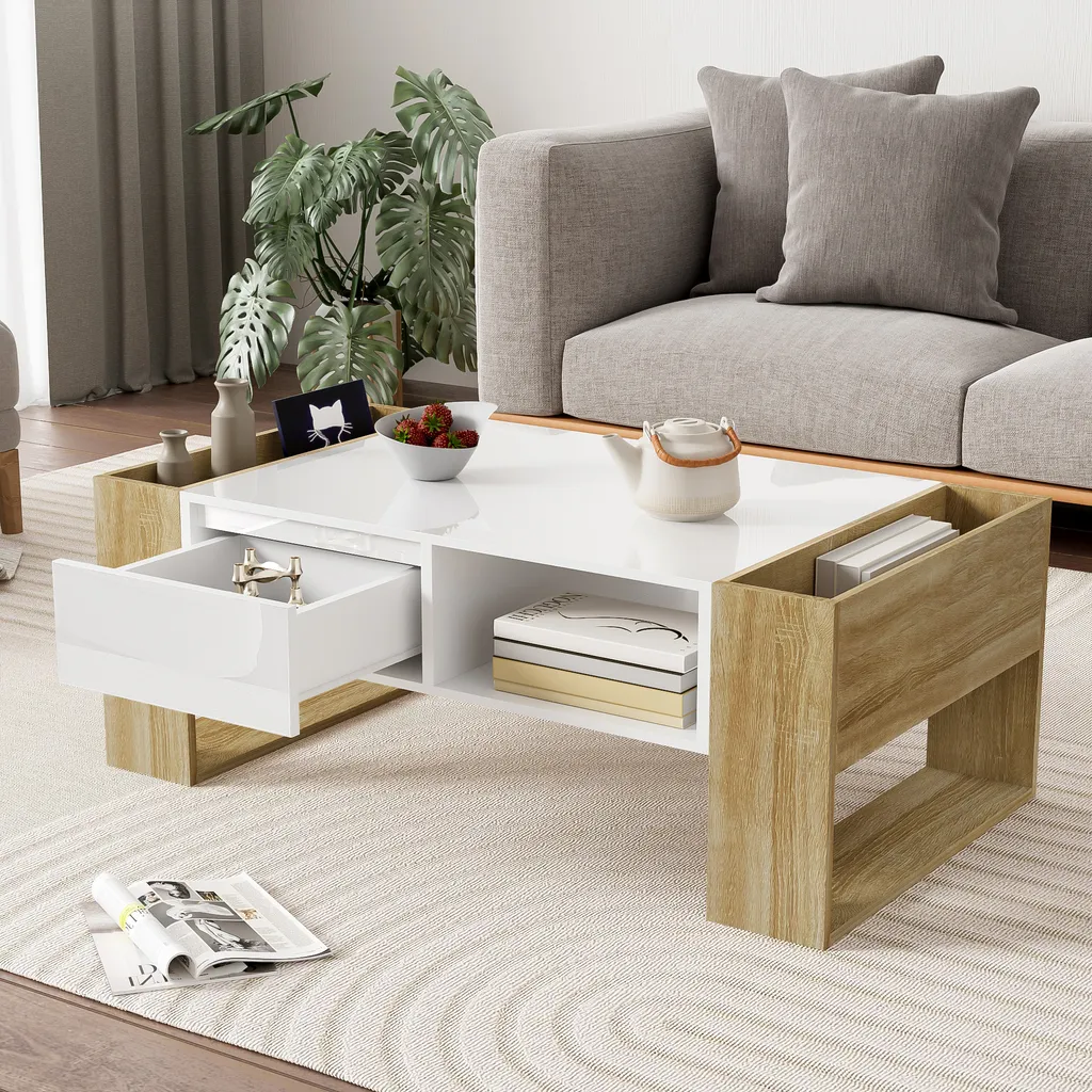 Table Basse de Rangement Gain de Place pour Salon Encombré Bois/Blanc - 2