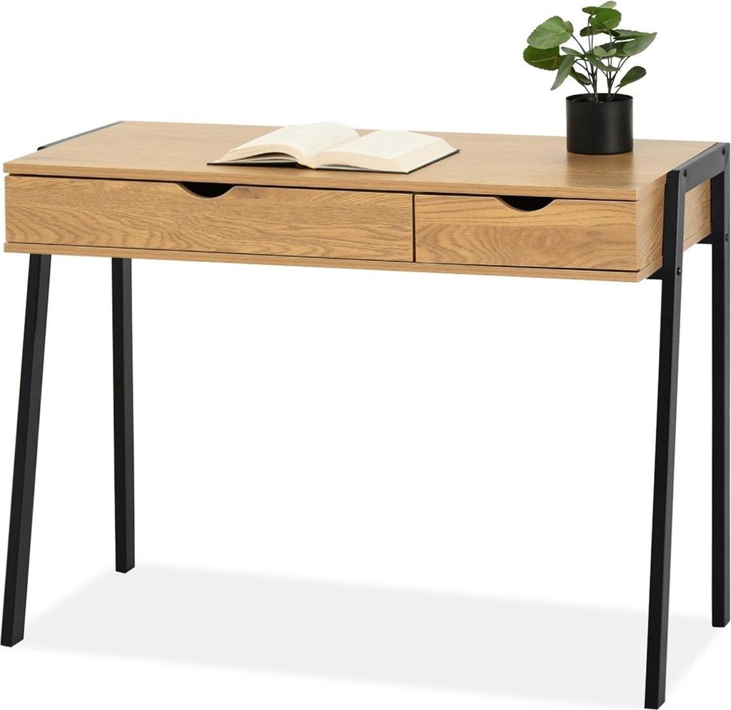 A desk with two drawers and a plant on top.