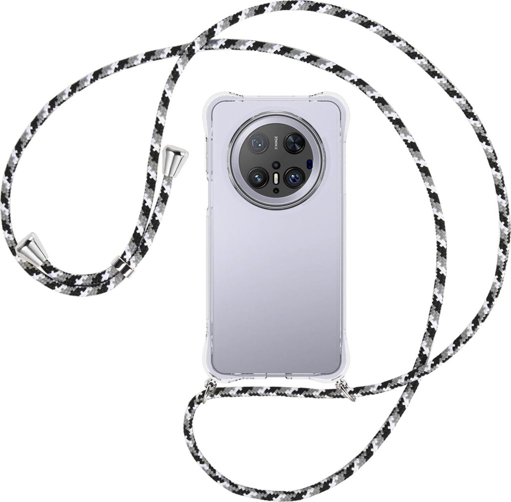 Handykette Backcover-Schutzhülle mit Band (Metall silberfarben) für Huawei Mate 70 Pro - schwarz/grau/weiß