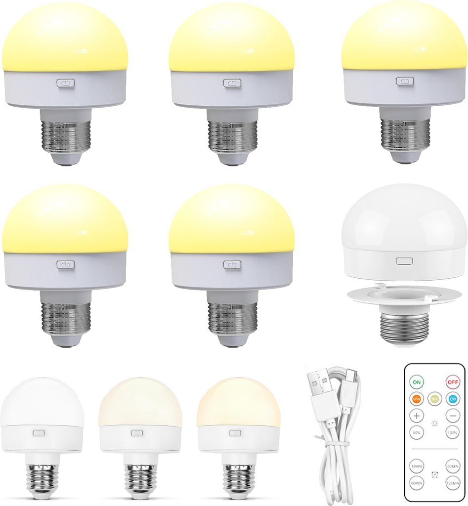 A collection of LED light bulbs and accessories, including a remote control and charging cable, arranged on a white background.