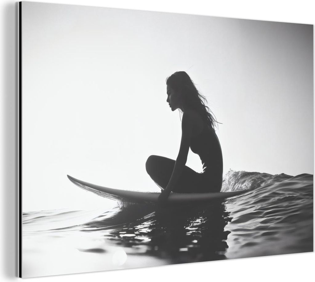 MuchoWow Wanddekoration Metall Metallbild Wandkunst 30x20 cm Silhouette - Frau - Surfbrett - Wasser MuchoWow Aluminium Gemälde - Aluminiumgemälder