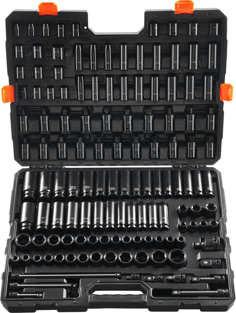 VEVOR Schlagschraubensatz Steckschlüsselsatz 3/8 Zoll & 1/2 Zoll Antrieb 130 tlg. SAE & metrischer Steckschlüsselsatz, 6-Kant Cr-Mo Legierungssta...