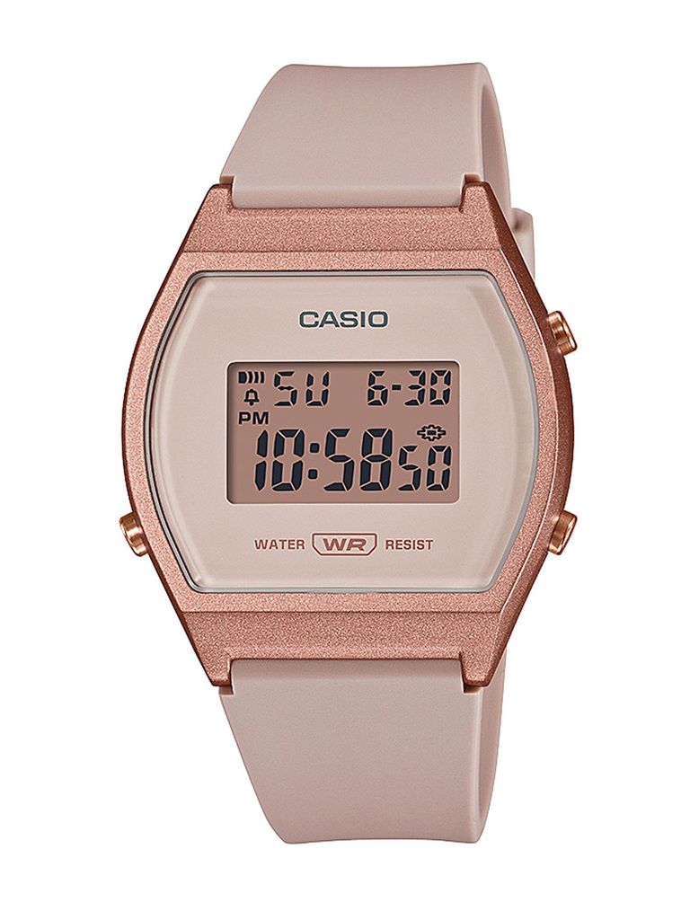 A digital watch with a pink band and rose gold casing.