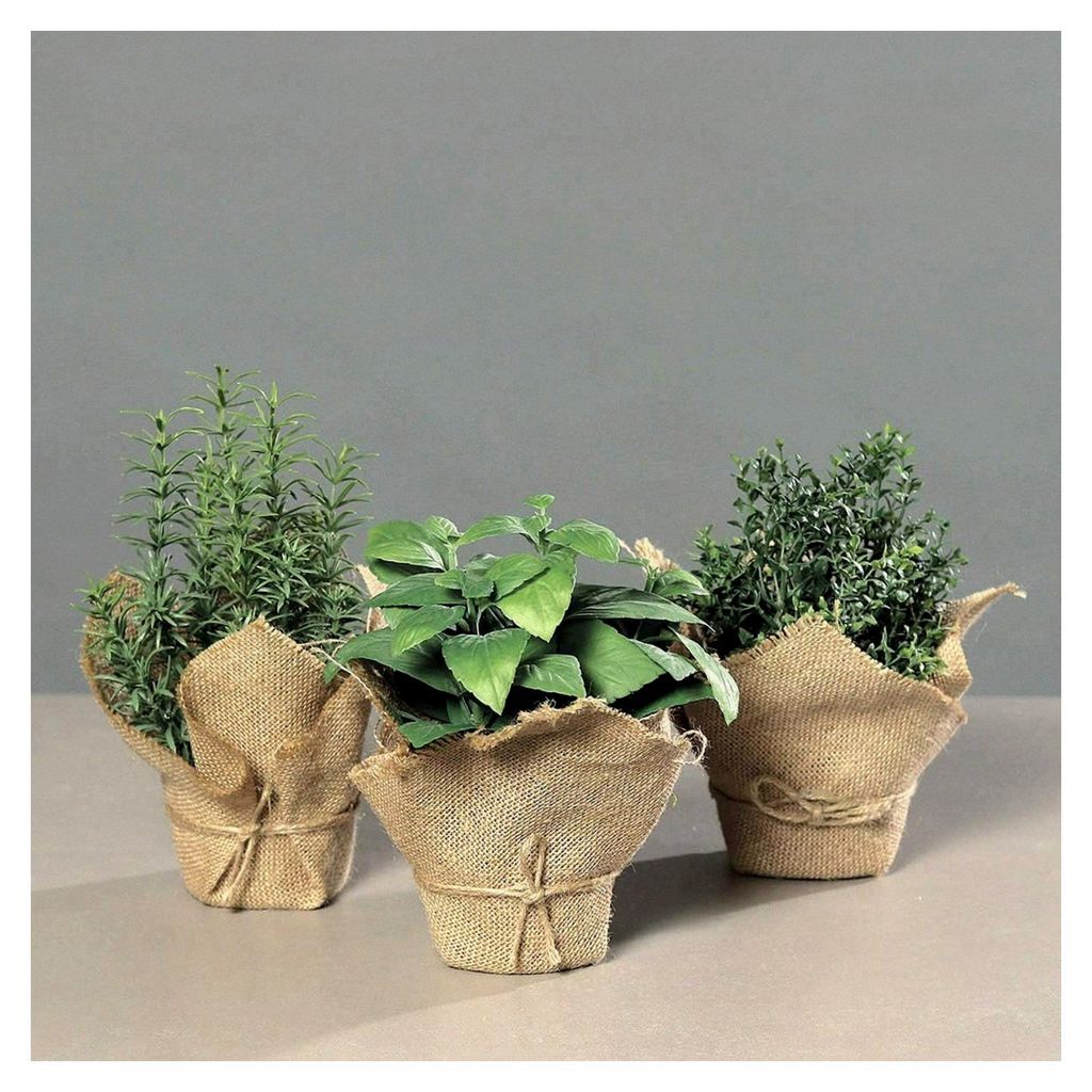 Kräutersortiment aus Kunstmaterial im Jutebeutel, 3er-Set, Höhe 19-22 cm, Basilikum, Rosmarin, Thymian