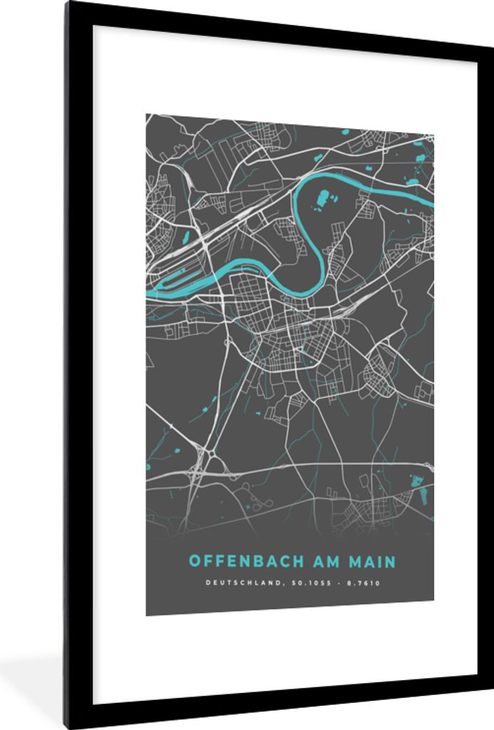 MuchoWow Gerahmtes Poster Deutschland - Blau - Offenbach am Main - Stadtplan - Karte 60x90 cm - Poster mit Schwarzem Bilderrahmen Wandposter Rahm...