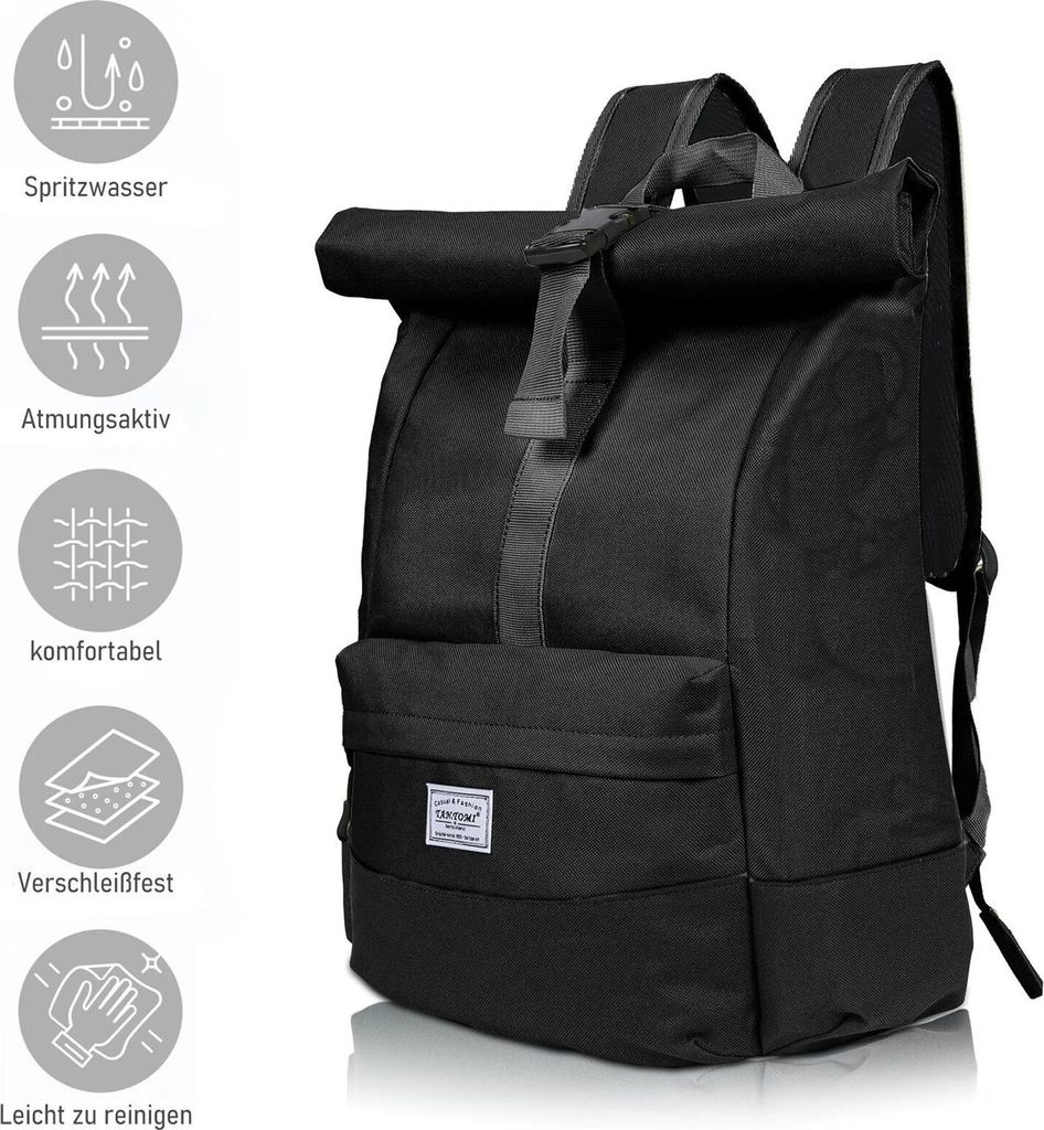 TAN.TOMI Rolltop Rucksack 15,6 Zoll Laptopfach Schwarz Produktbild 