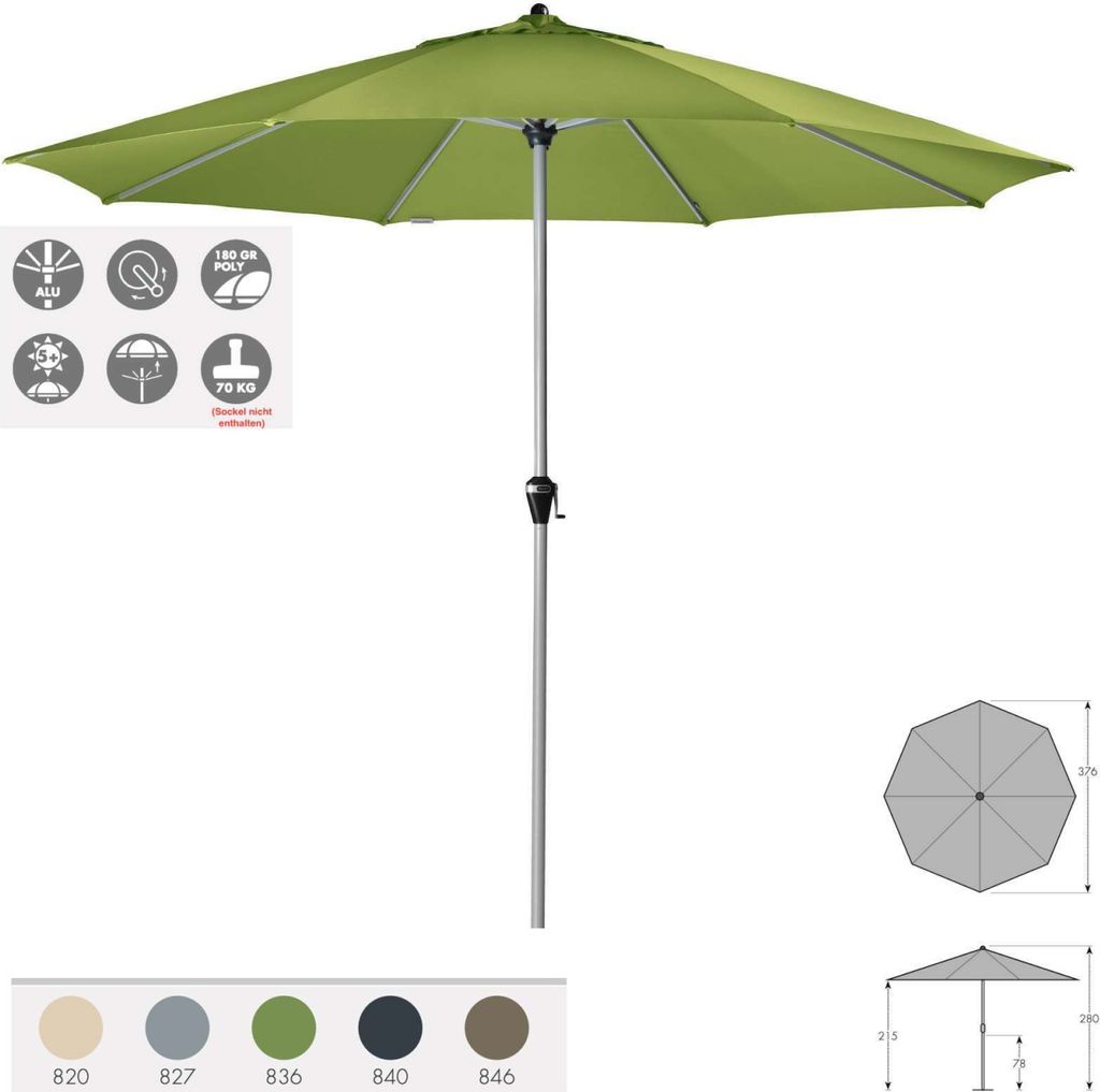 Doppler Active Kurbel 380 Sonnenschirm 5 Farben ø 380 cm Marktschirm Mittelmast 444438 827 Hellgrau