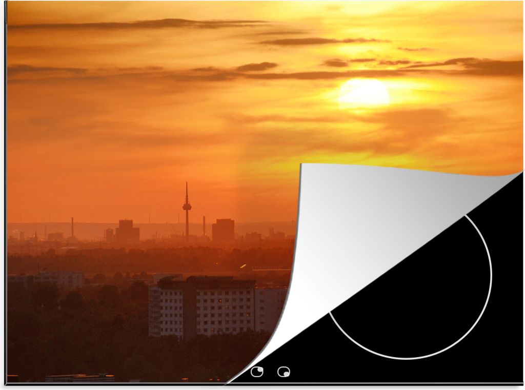 KitchenYeah Herdabdeckplatte Die untergehende Sonne über der Skyline von Mannheim, Deutschland , 75x52cm, Küche Deko, Glaskeramikkochfeld Herda...
