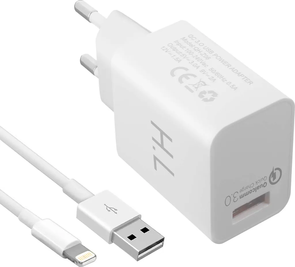 Offerta Kit Ricarica 3A: Caricatore Qualcomm QC 3.0 + Cavo Lightning