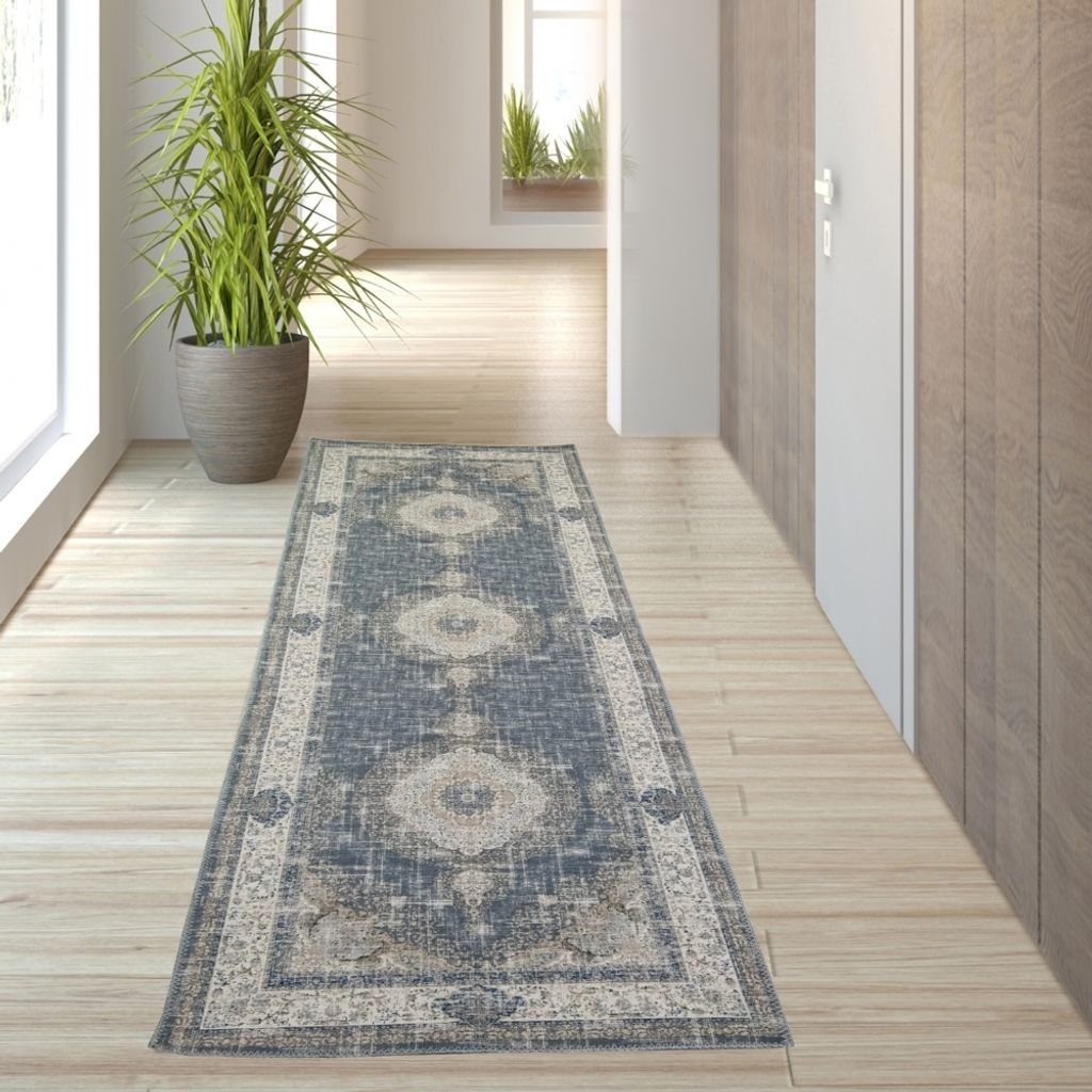 Klassischer Teppich mit Blumen Ornamenten in grau beige Größe - 80 x 150 cm