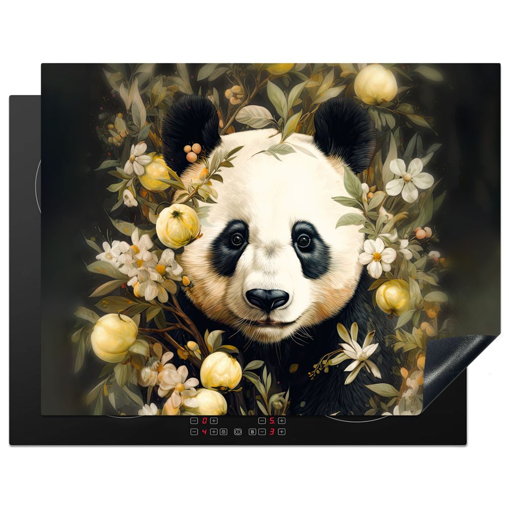 KitchenYeah Herdabdeckplatte Panda - Pandabär - Wildtiere - Blumen , 77x59cm, Küche Deko, Glaskeramikkochfeld Herdabdeckung, Abdeckplatte fùr ...