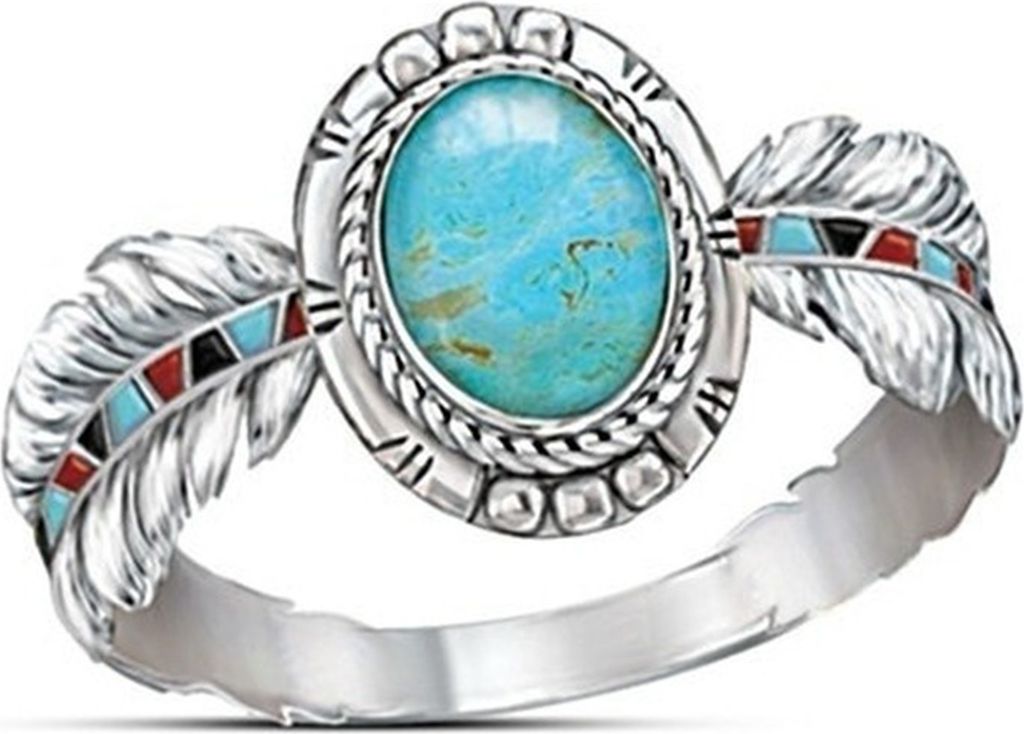 Ethnischer Stil, schlichter Statement-Vintage-Ring für Damen, türkisfarbener Adlerfeder-Ring, Schmuck, Mithelfer-Blau,US 10