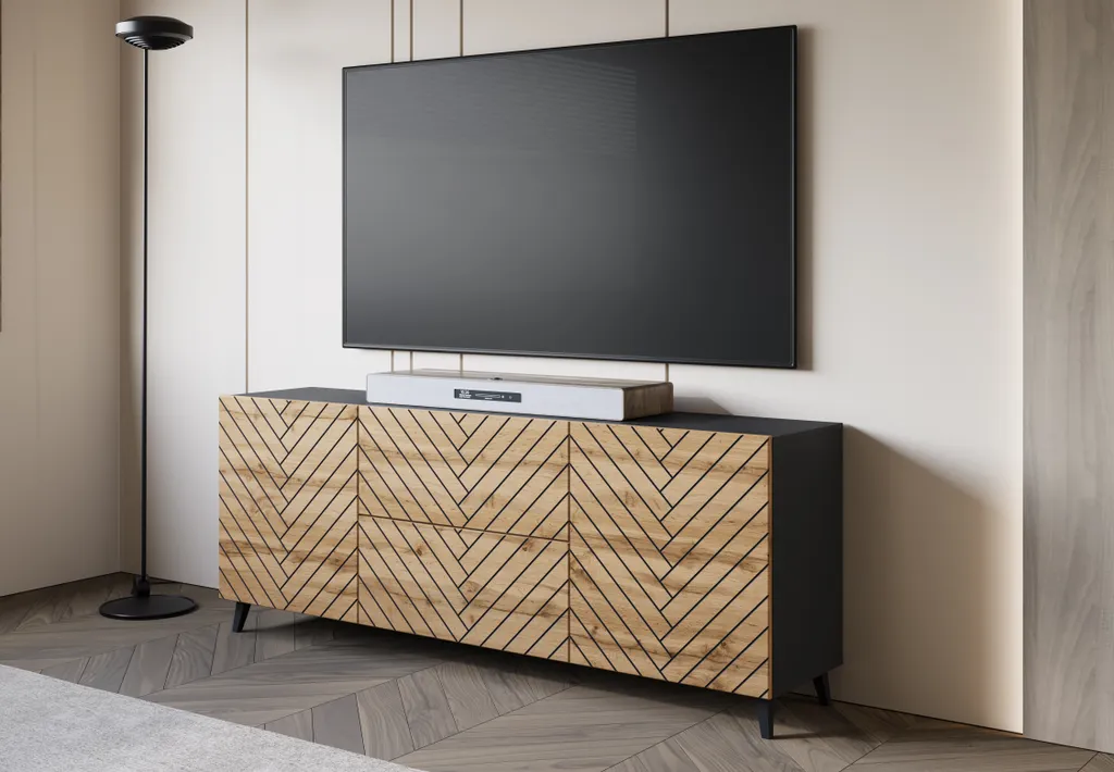 Commode 180 cm LOKET façade chevrons - Design Noir et Chêne Wotan