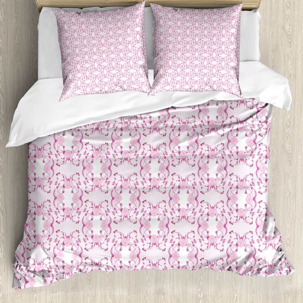 ABAKUHAUS rosa Damast Bettbezug Set für Einzelbetten, Empfindliche gestreifte Blumen, Milbensicher Allergiker geeignet mit Kissenbezug, 200 cm x 2...