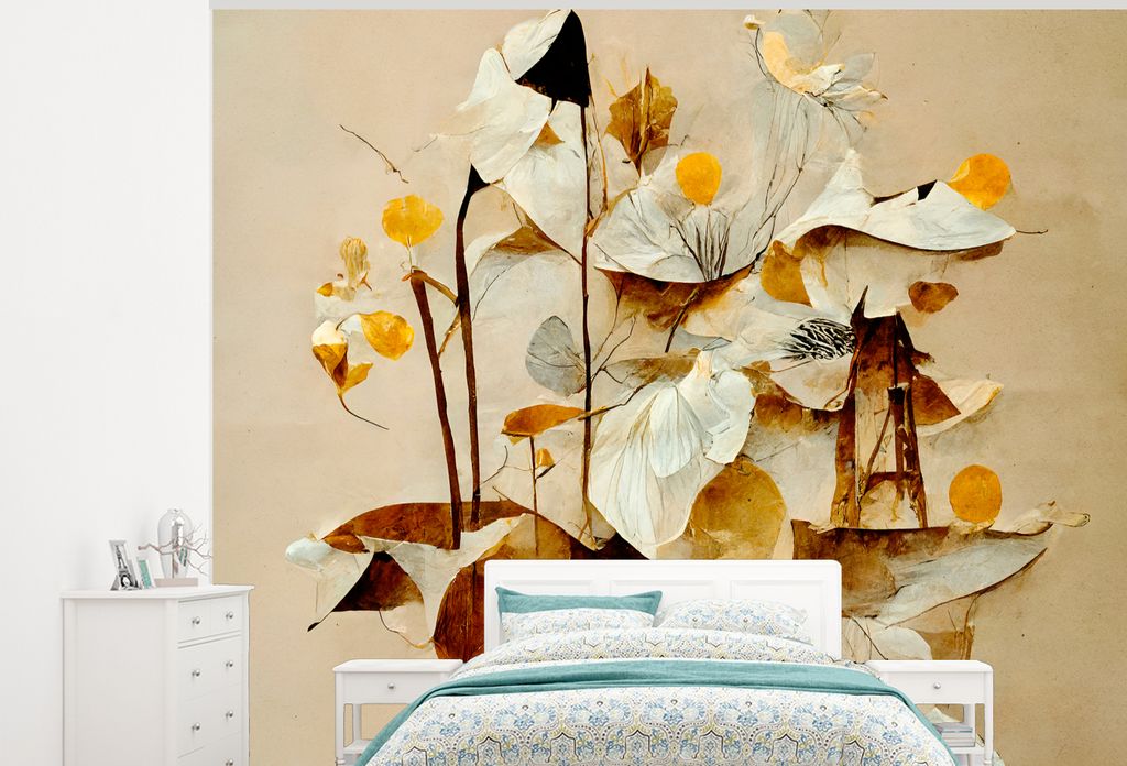 MuchoWow Fototapete für Wohnzimmer oder Schlafzimmer Wandtapete Vinyl Motivtapete Blumen - Weiß - Pflanzen - Vintage - 375x300 cm - Tapezierpapier