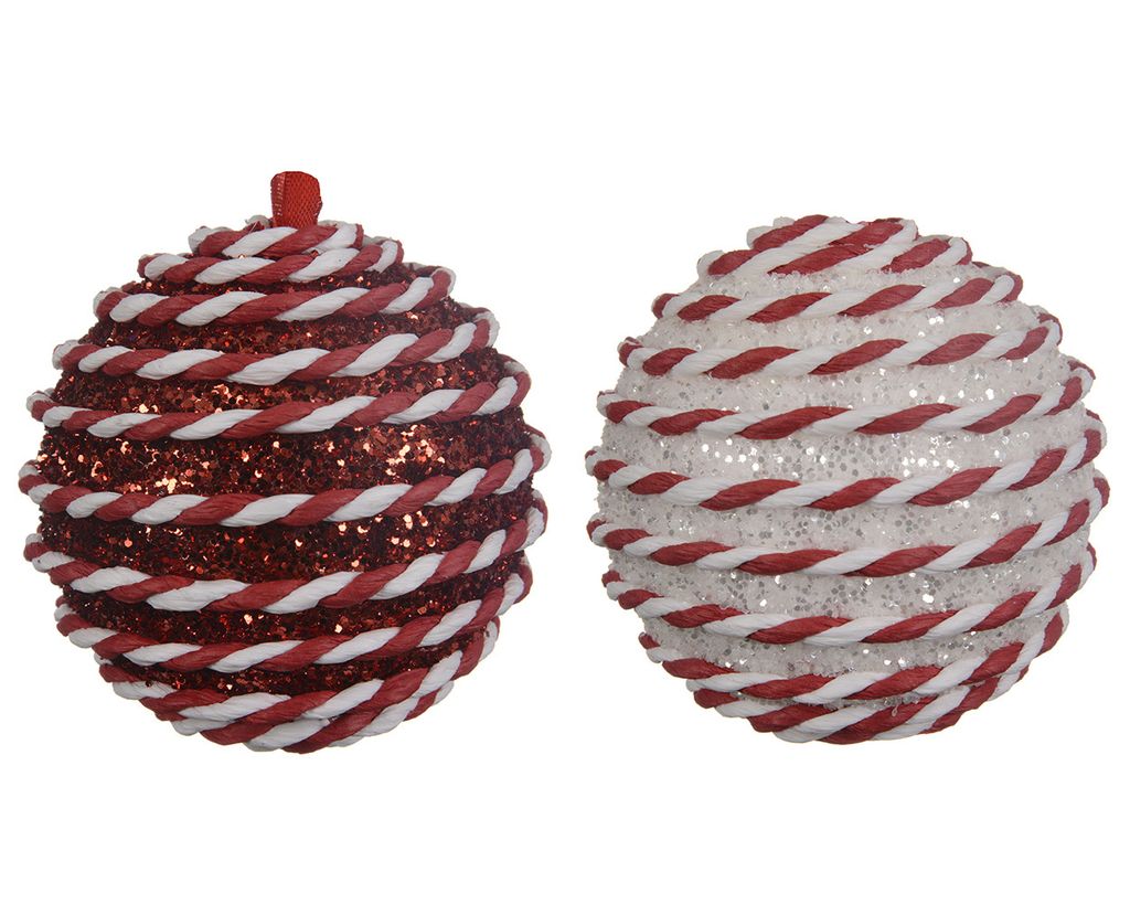 Weihnachtskugeln Kunststoff mit Streifen 8cm rot / weiß, 12er Set