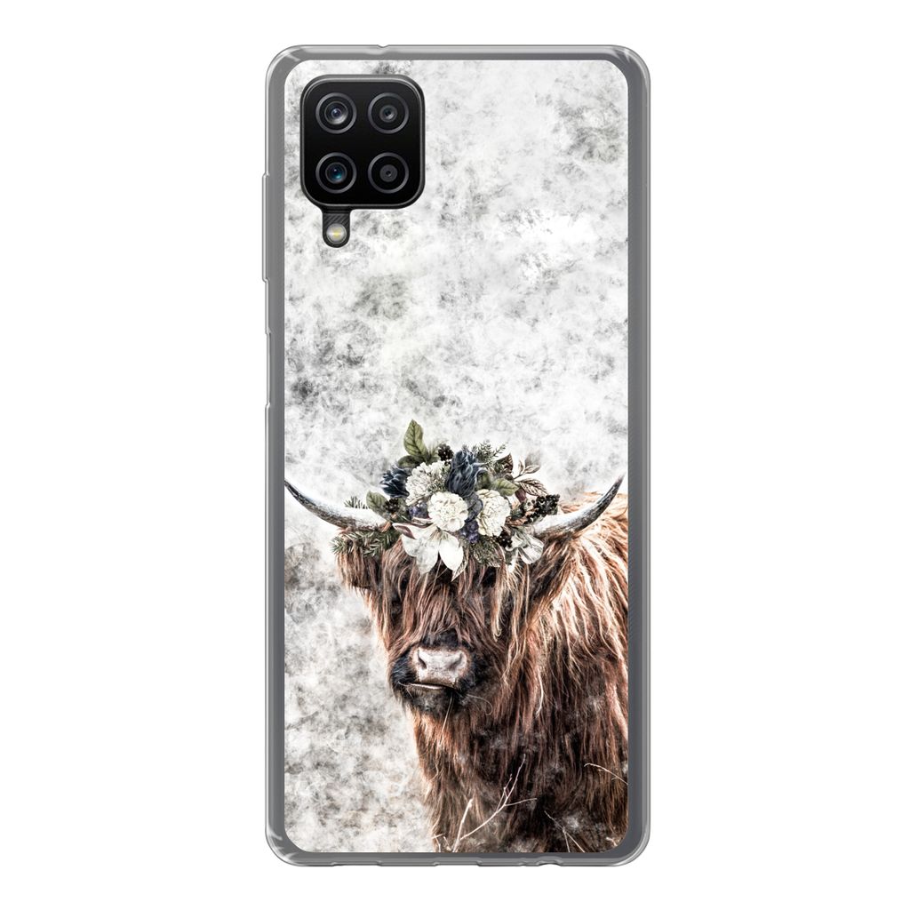 MuchoWow Handyhülle Schutzhülle Hülle für Samsung Galaxy A12 Schottischer Highlander - Marmor - Blumen Silikon Softcase Handy Hülle - Bild