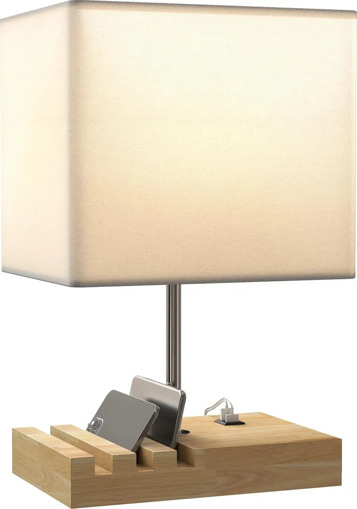 Lampe tactile socle bois avec port USB C et triple support téléphone