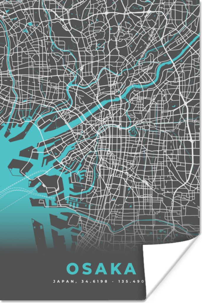 MuchoWow Poster Osaka - Karte - Stadtplan - Blau 40x60 cm - Plakate für die Wand - Poster Babyzimmer