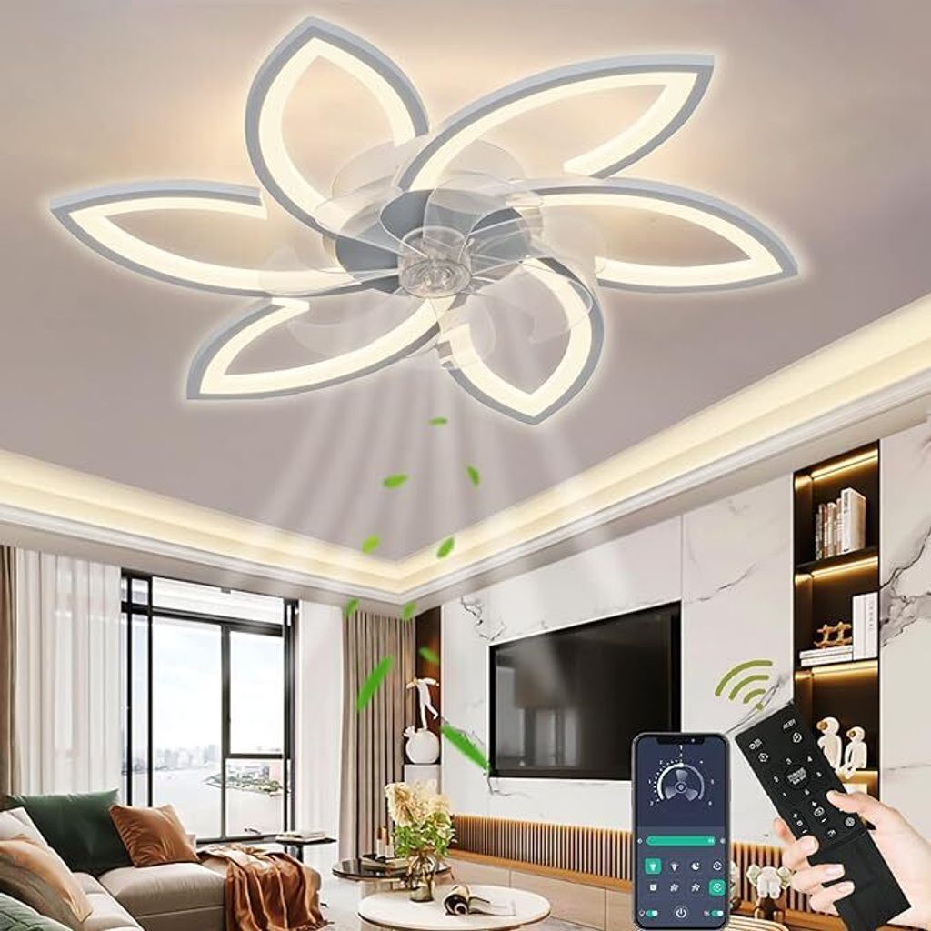Deckenventilator mit Beleuchtung, dimmbares LED-Licht mit Ventilator und Fernbedienung, leise, kreatives 6-Lichter-Design für Schlafzimmer und Kü...