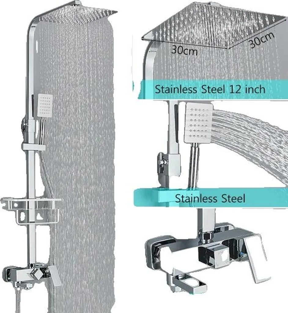 Set de douche à effet pluie noir et chrome avec robinetterie complète