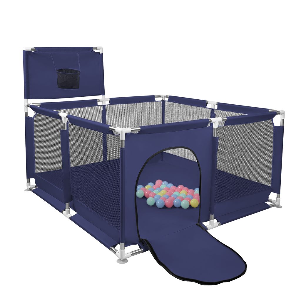 Laufstall Baby 126x126cm,Baby Laufstall mit Basketballkorb,Laufgitter baby mit atmungsaktivem Netz,Kinder laufgitter,Kleines Laufstall,Dunkelblau