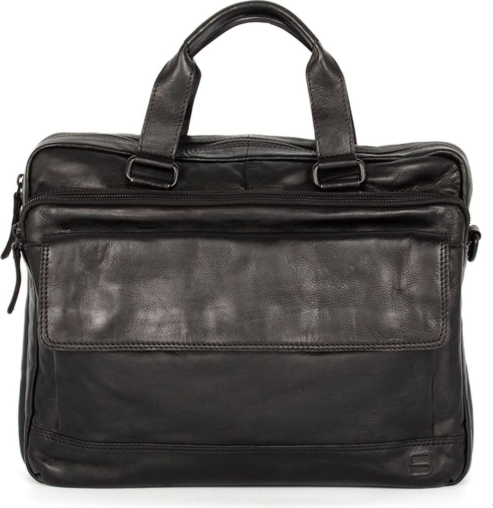 SPIKES & SPARROW Leder Businesstasche Schultertasche mit Laptopfach Kevin Business Bag Black schwarz