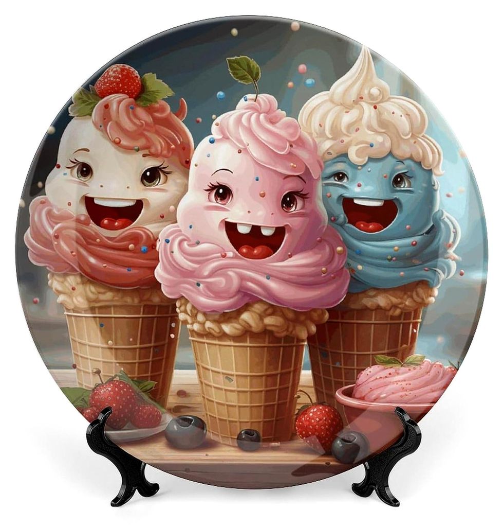 Dekorativer Keramikteller aus Knochenporzellan mit Cartoon-Eiscreme-Druck, personalisierbar, rund, 20,3 cm