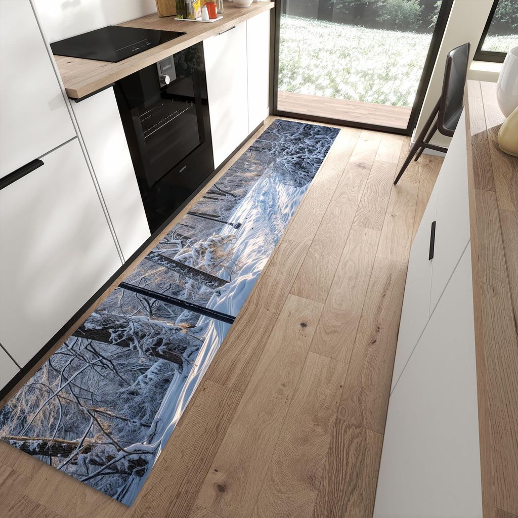 Küchenteppich 60x300cm rutschfest & abwischbar PVC Läufer - Verschneiter Waldweg
