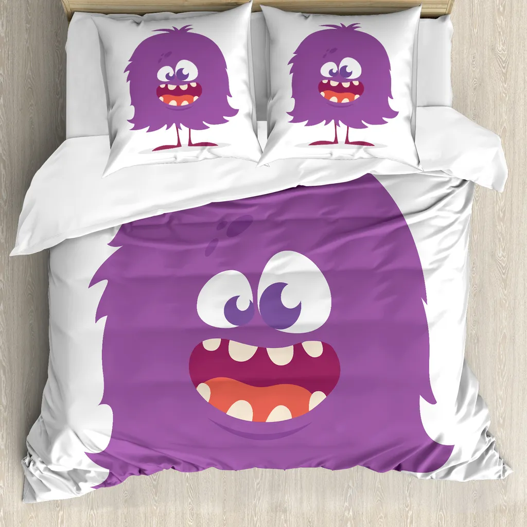 Literie enfant motif monstre violet pour lit simple, set avec taie d'oreiller