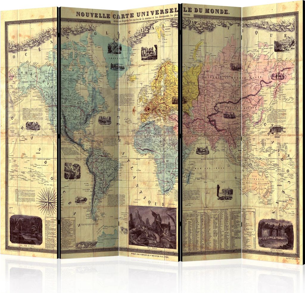 5-teiliger Doppelseitiger Vlies Paravent - Nouvelle Carte Du Monde 225x172 cm Karten k-B-0032-z-c